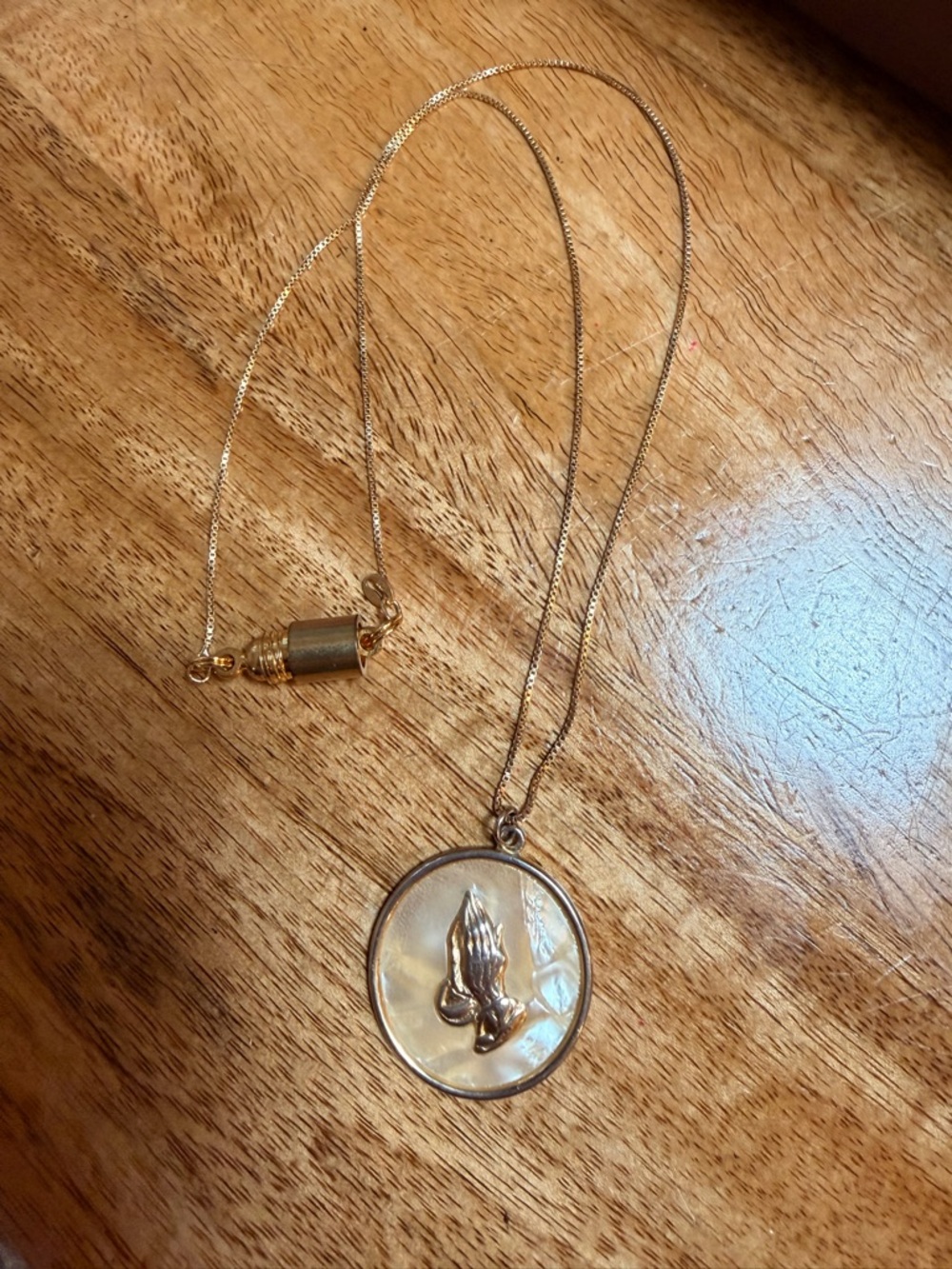 Mother of pearl inlay with Prayer hands necklace, Vermeil chain